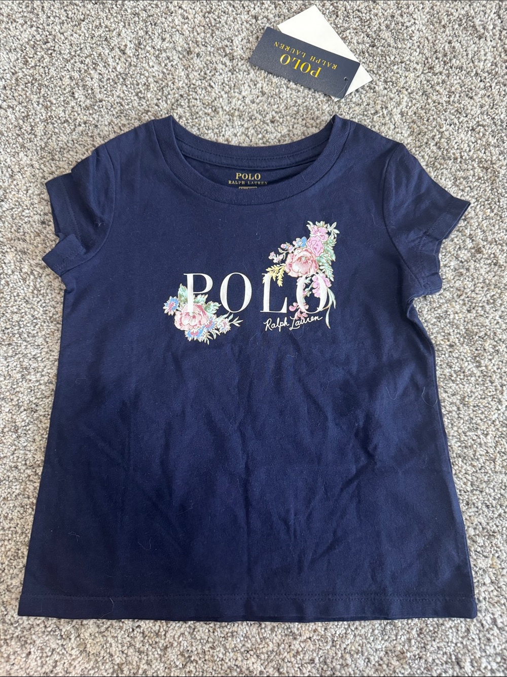 Polo by Ralph Lauren Navy Tee with Pink & Green Floral Logo